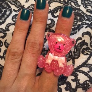 Pink glitter Bear Ring Adjustable Handmade