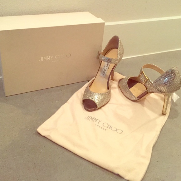 Jimmy Choo champagne glitter peep toe heels