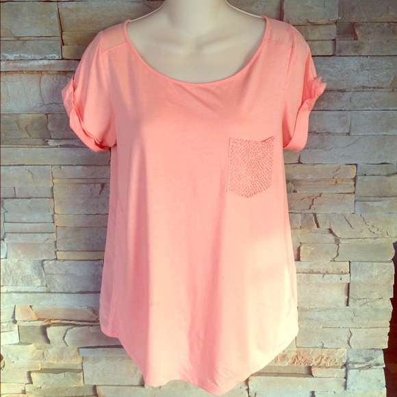 Peach Armani Exchange Beaded Sheer Pocket Tee sz M