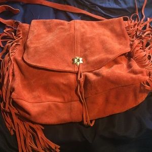 Orange suede fringe bag