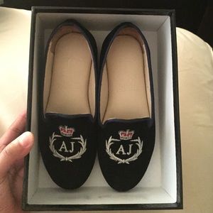 Girls Rare custom monogram AJ black velvet loafers