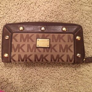 Michael Kors MK logo leather trim and cloth wallet