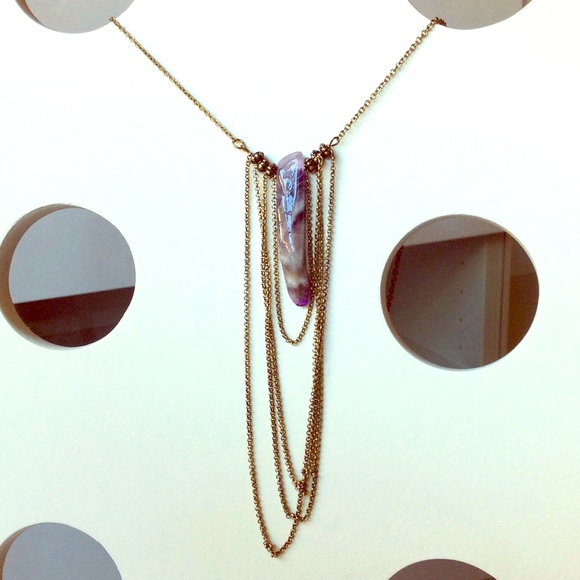 Purple marbled stone pendant bronze chain necklace