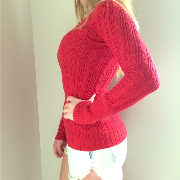 AEO Red Vneck Cable Knit Sweater