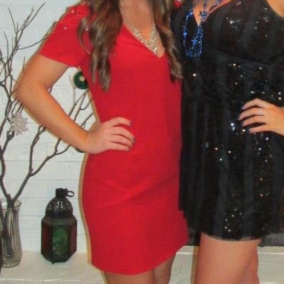 Zara V-neck red dress with shoulder bling!