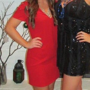 Zara V-neck red dress with shoulder bling!