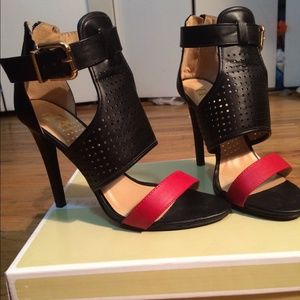 Black and red heel sandals