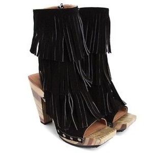 John Fluevog Black Suede Fringe Jericho Clog Heels