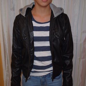 Faux leather jacket with a detachable grey hood