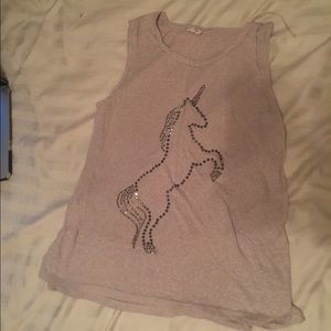 Beige tank with bedazzled unicorn.