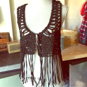 Black boho hippie festival fringe crochet vest top