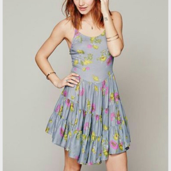 Free People blue CIRCLE OF FLOWERS SLIP DRESS - Picture 2 of 4