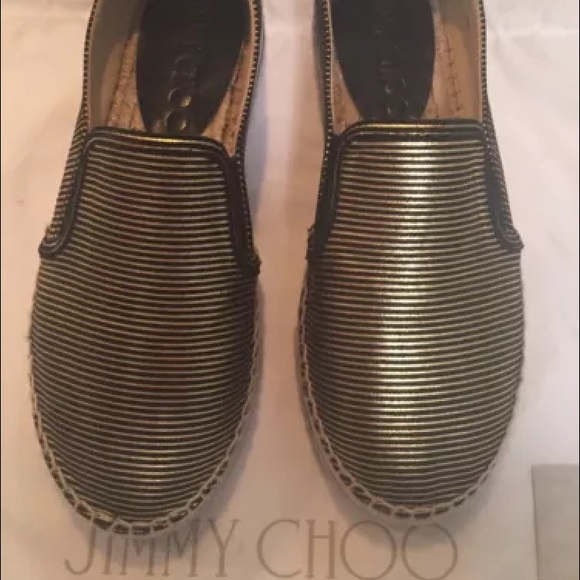 Jimmy Choo Gold/Black Stripe Metallic Espadrilles - Picture 2 of 4
