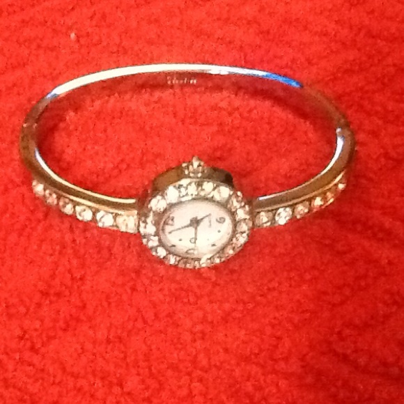 SILVER TONE BANGLE CZ WATCH