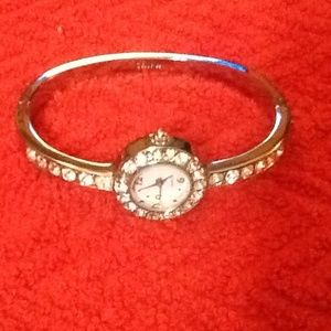 SILVER TONE BANGLE CZ WATCH