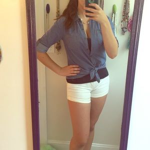 Faux denim blouse with lace top