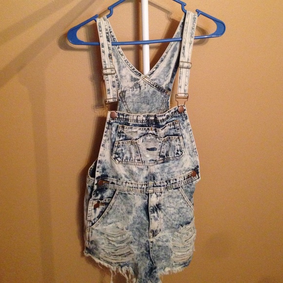 Distressed shorts overalls
