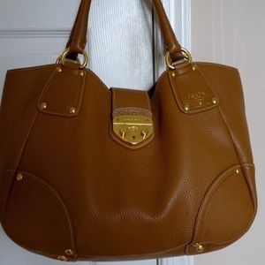 PRADA Vitello Daino Pushlock Tote Caramel