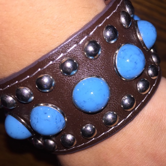 Beautiful brown leather blue studded bracelet