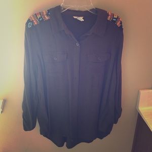 Beaded Olive Green Button Up