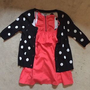 Polka dot crop sweater and flowy orange top