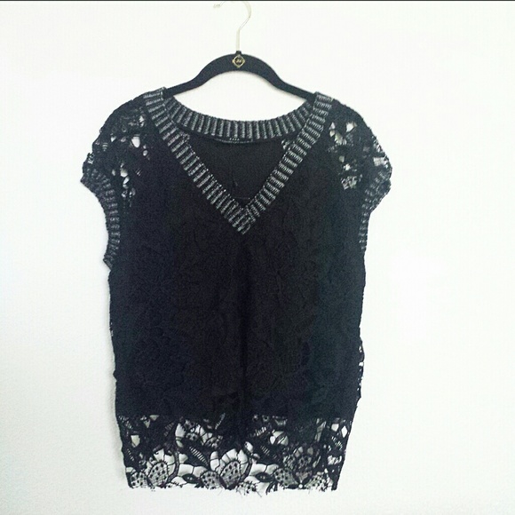 Zara Black Crochet Overlay Top - Picture 1 of 2