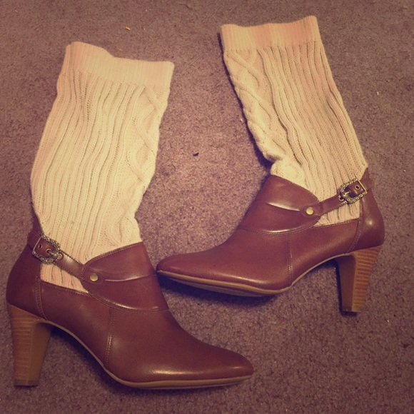 Brown leather boots with tan leg warmer calf