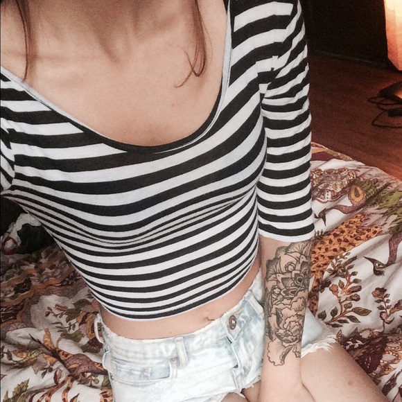 Striped 3/4 Sleeve Crop Top