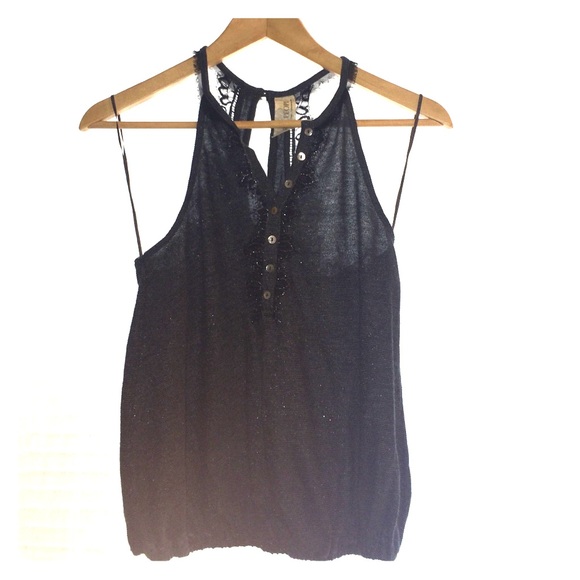 Free People Grey Tank w/Black Lace & Button Detail