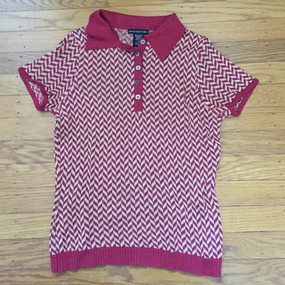 Anthropologie red/cream herringbone light sweater
