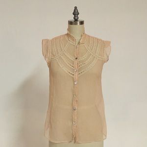 BCBGMAXAZRIA sheer button up short sleeve blouse