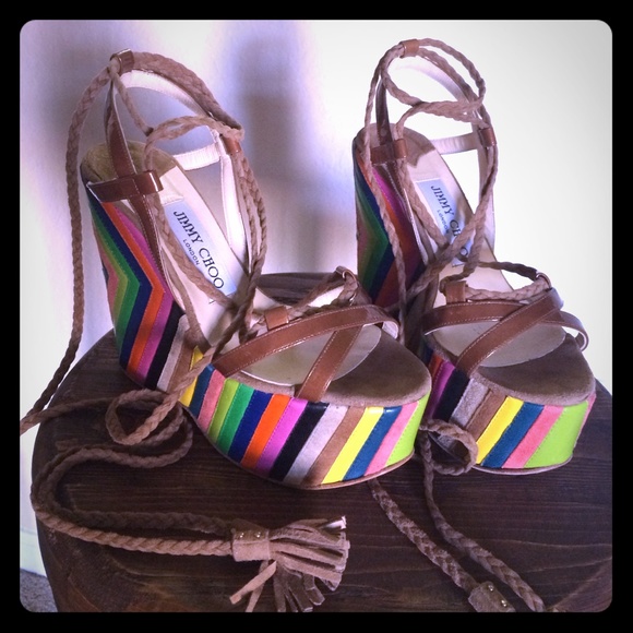 JIMMY CHOO PEARL STRIPED LEATHER/SUEDE WEDGE 5.5