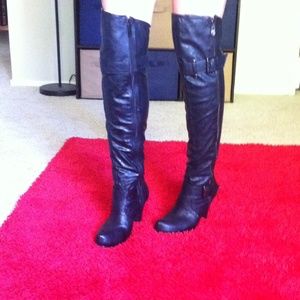 Sexy black 100% leather Guess thigh high boots