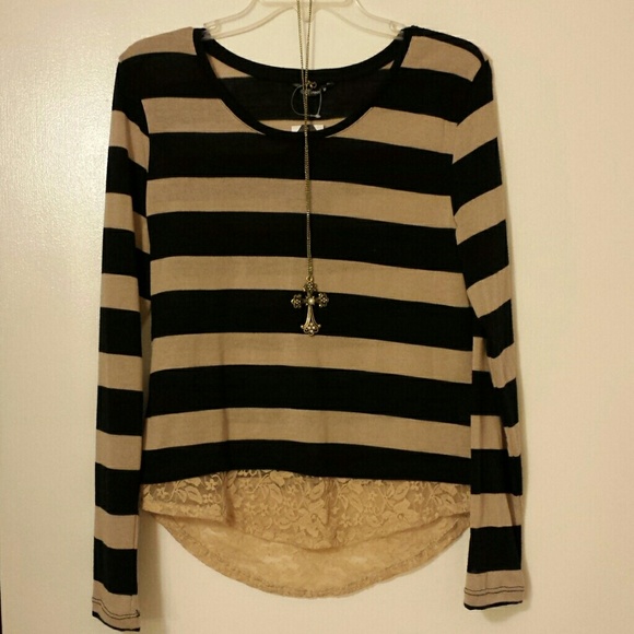 Tops - Striped & Lace Top w/ Cross Necklace