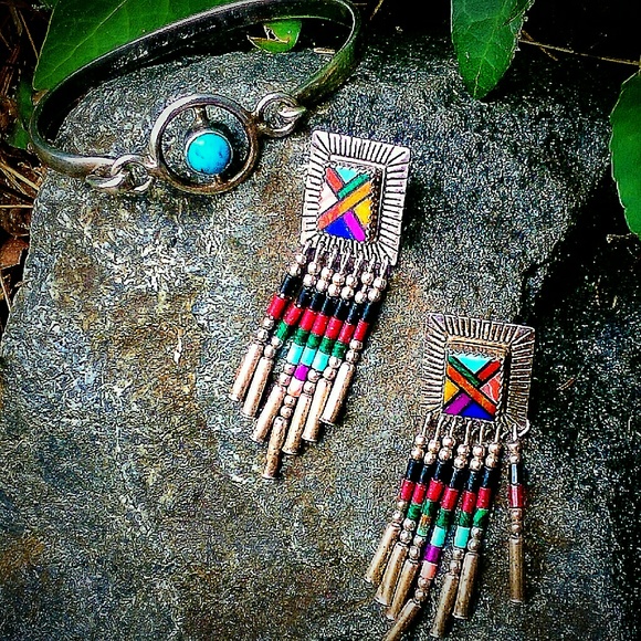 ❌Signed Vintage Sterling Silver Inlay Earrings❌ - Picture 2 of 4