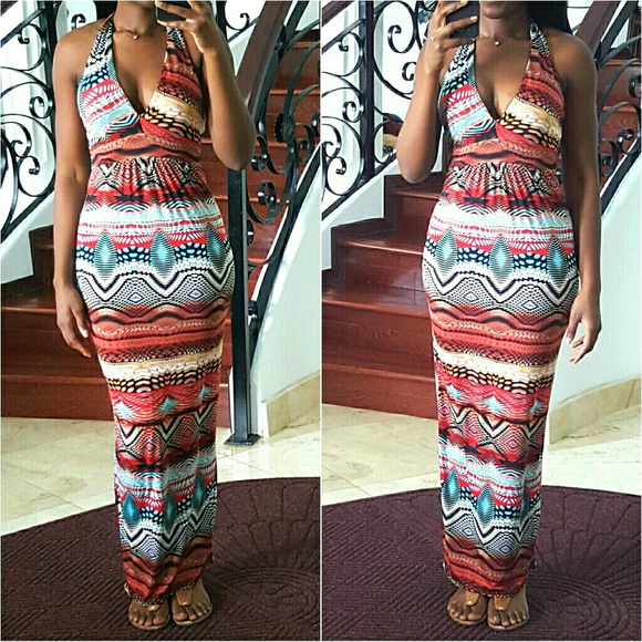 SOLD | Tribal Low Front Halter Maxi Dress - Picture 2 of 4