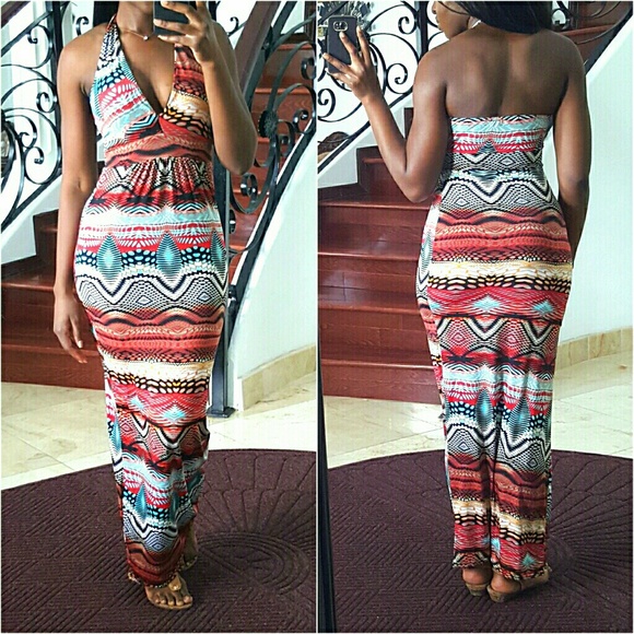SOLD | Tribal Low Front Halter Maxi Dress - Picture 3 of 4