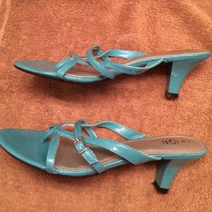 Blue/teal sandals with 3" heels, size 8