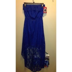 Navy blue. Halter top. High-low dress.