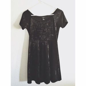 Black Velvet Material Skater Dress