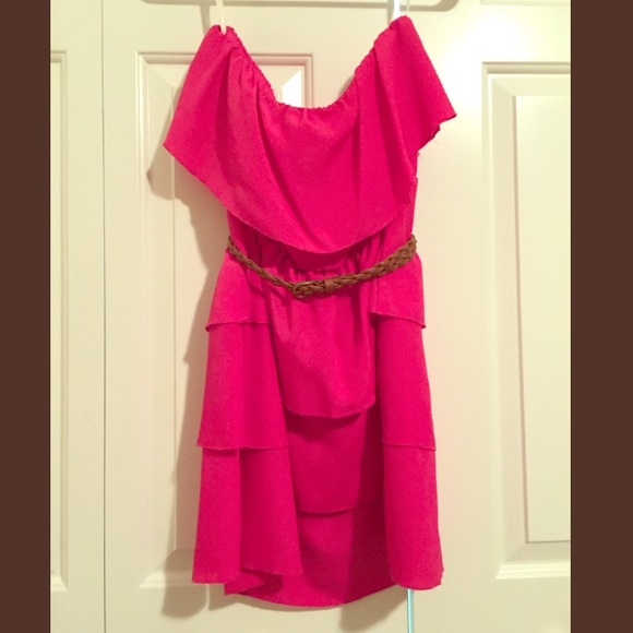 Pink Tube Ruffle Dress with Belt