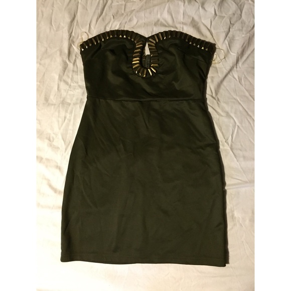 Olive-green party dress with bronze hardware