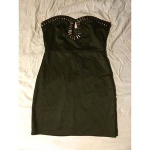 Olive-green party dress with bronze hardware