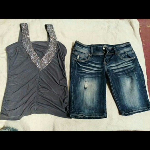 Glittery tank & denim shorts