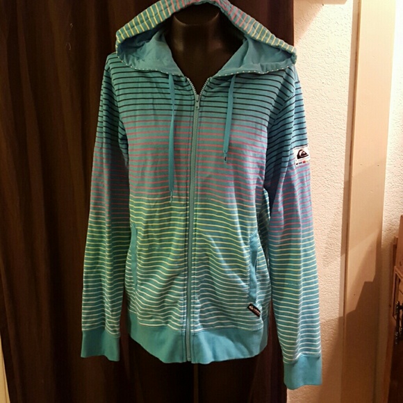Light Blue Quiksilver Hoodie Neon Rainbow Stripes - Picture 1 of 4