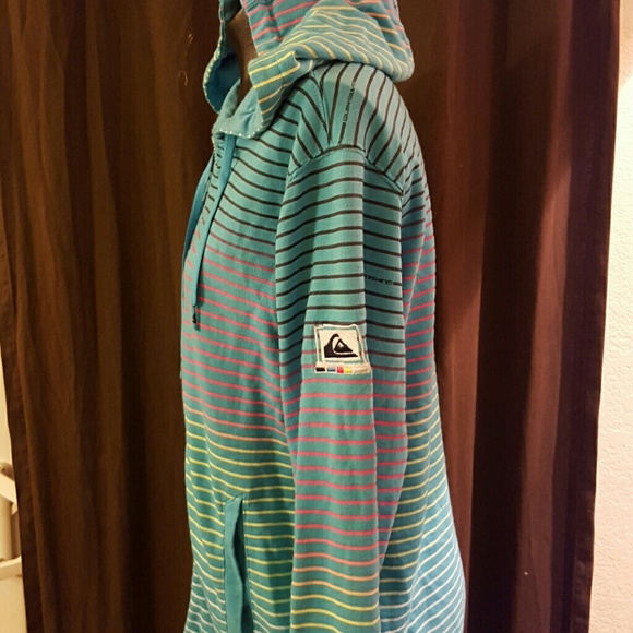 Light Blue Quiksilver Hoodie Neon Rainbow Stripes - Picture 2 of 4