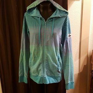 Light Blue Quiksilver Hoodie Neon Rainbow Stripes