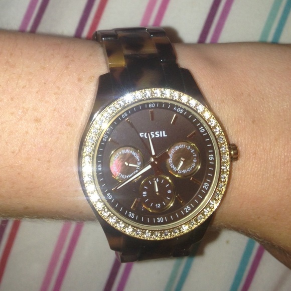 Tortoise shell Fossil watch w/ jewels around face - Picture 4 of 4