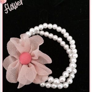 Pink flower pearls ponytail holder