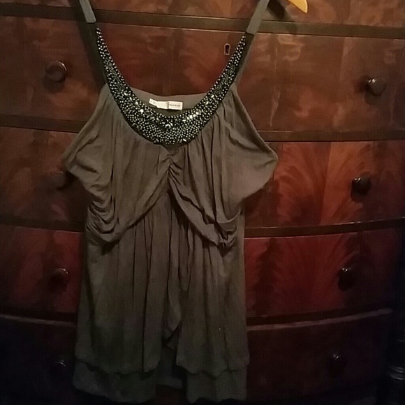 Grey ruched tank top with beaded neckline